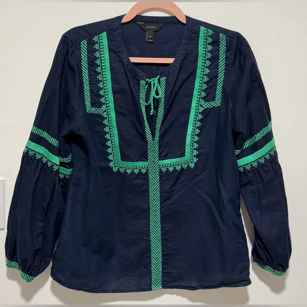 J. Crew Navy Blue Peasant Blouse with Green Embroidery - Picture 2 of 12